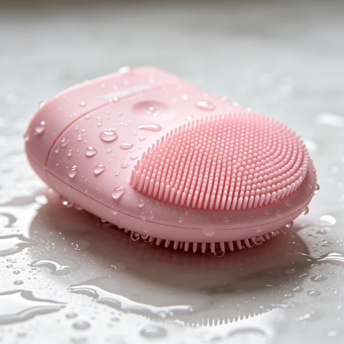 a pink silicone sonic face brush on a wet surface