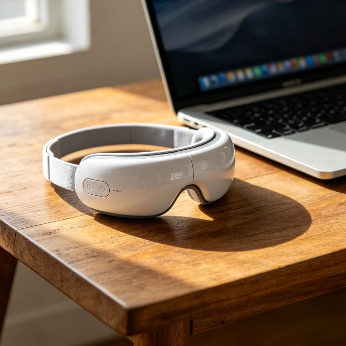 electric eye massager on a desk next to a laptop