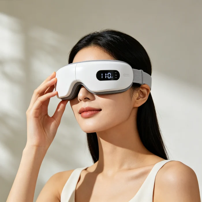person holding eye massager with a timer display