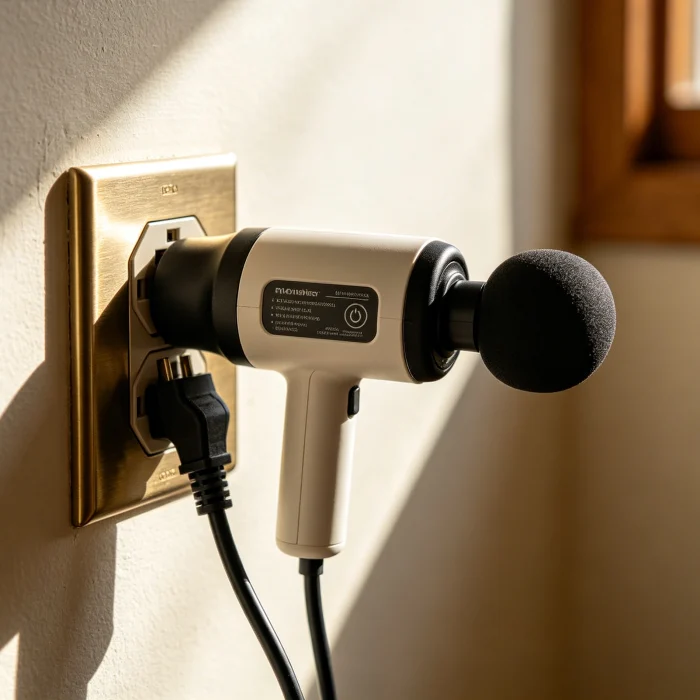 electric massager plugged into a wall outlet with charging cable