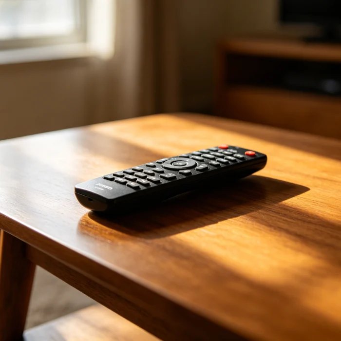 a TV remote control on a coffee table