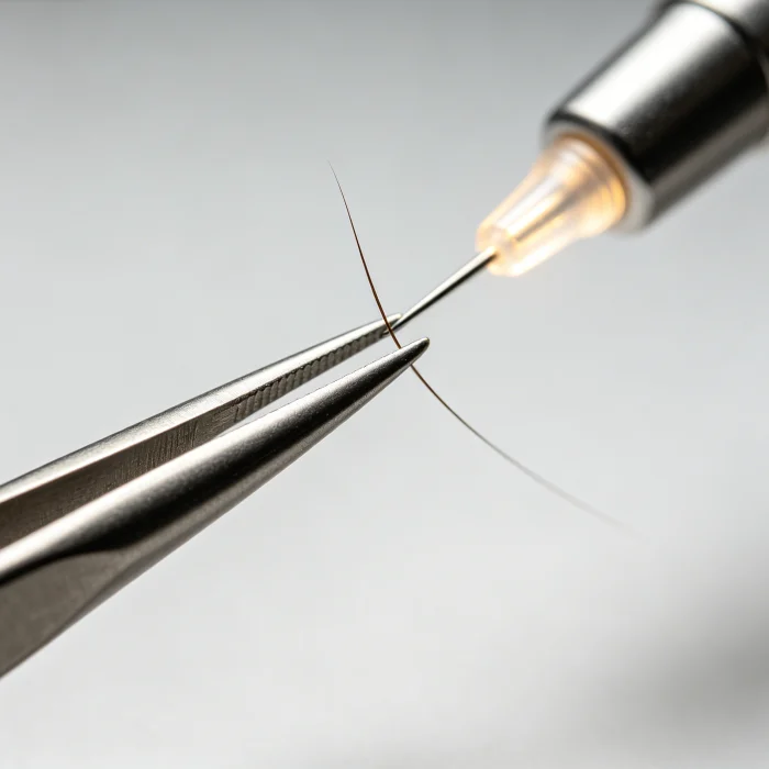 close-up of tweezers holding a single hair during electrolysis