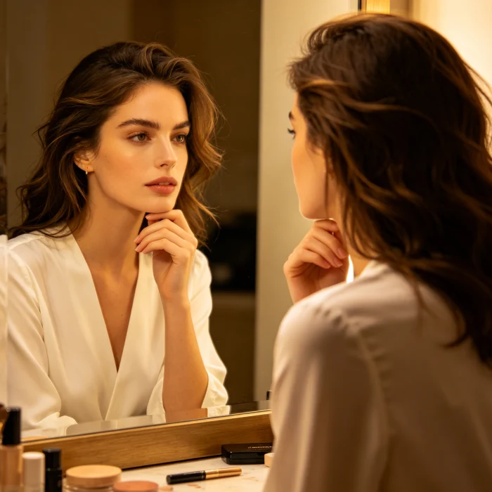woman touching her chin while looking in a mirror
