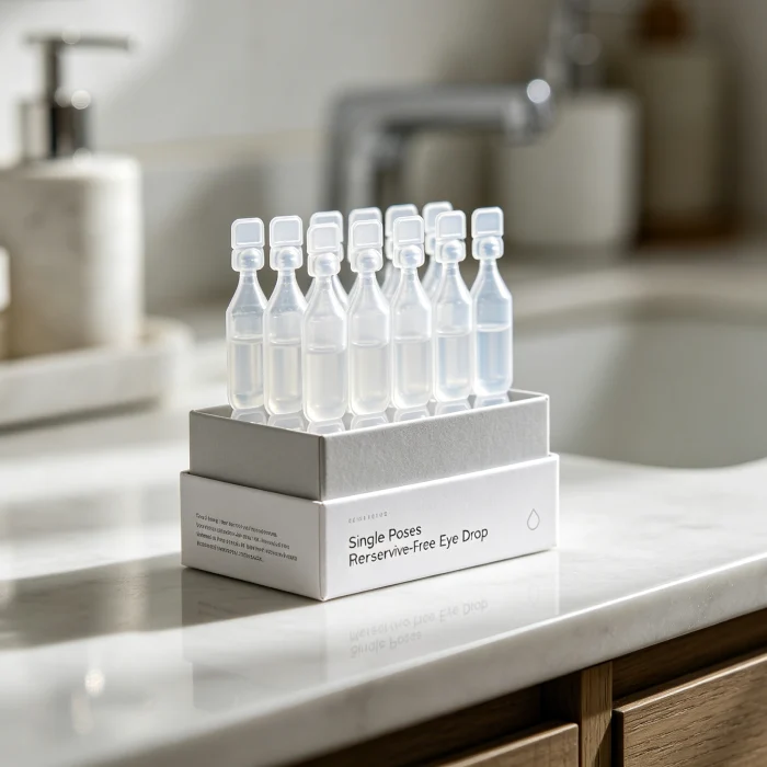a box of single-dose preservative-free eye drop vials on a bathroom counter