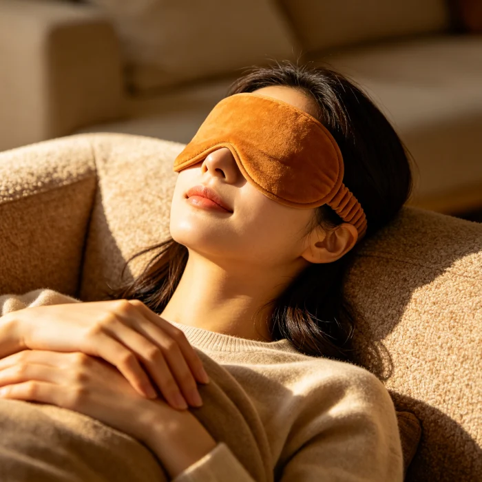 a person wearing a warm compress eye mask, relaxing on a couch