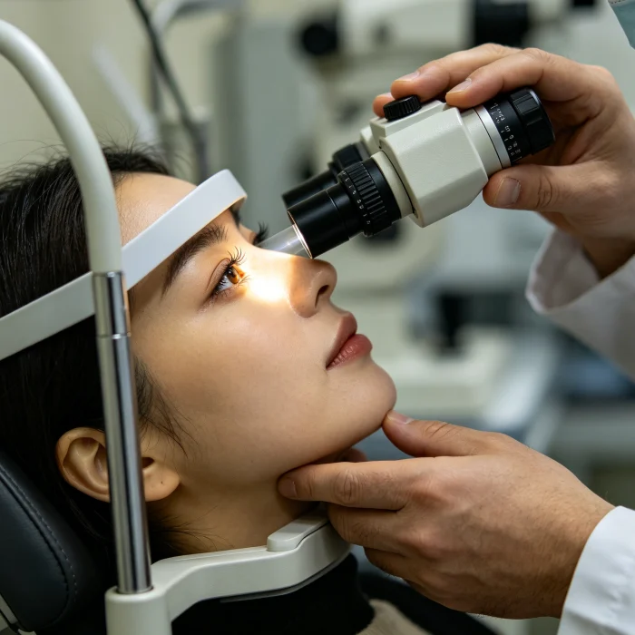 a red light therapy device being held near a person's closed eyes