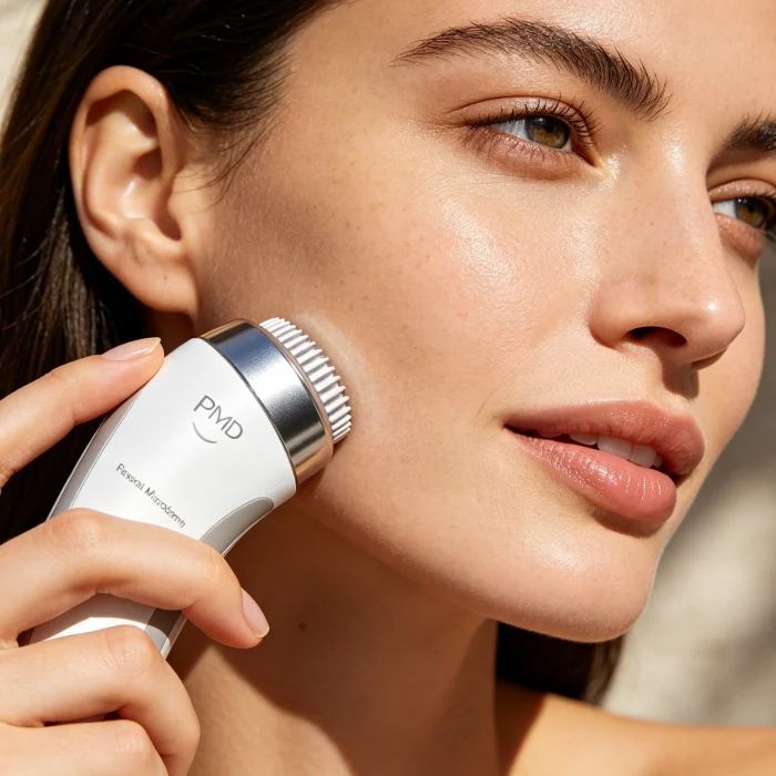 a woman holding a PMD Personal Microderm brush near her face