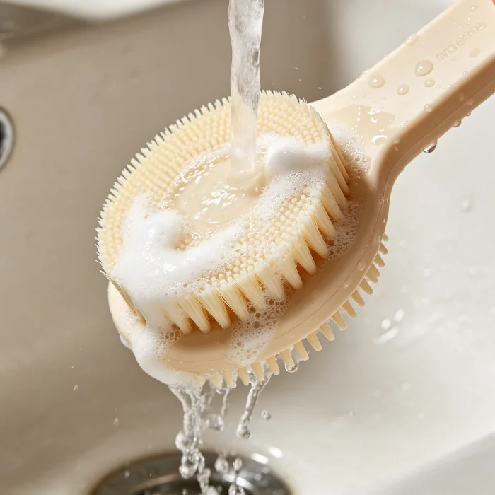 a silicone brush head being washed with soap and water