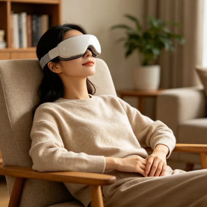 a person relaxing with an eye massager over their eyes
