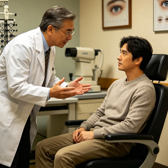 a doctor consulting a patient about eye care