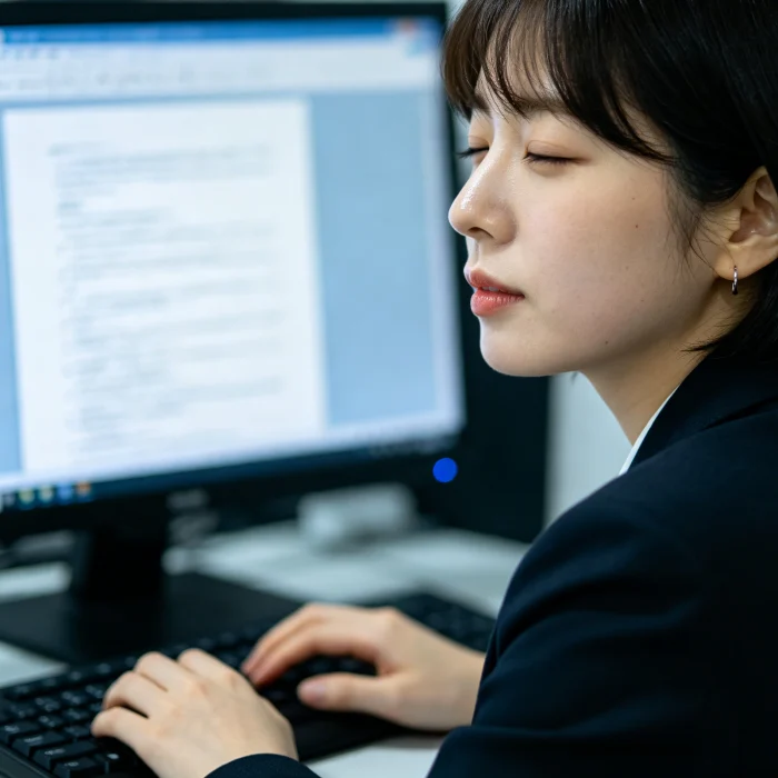 a person blinking in front of a computer screen