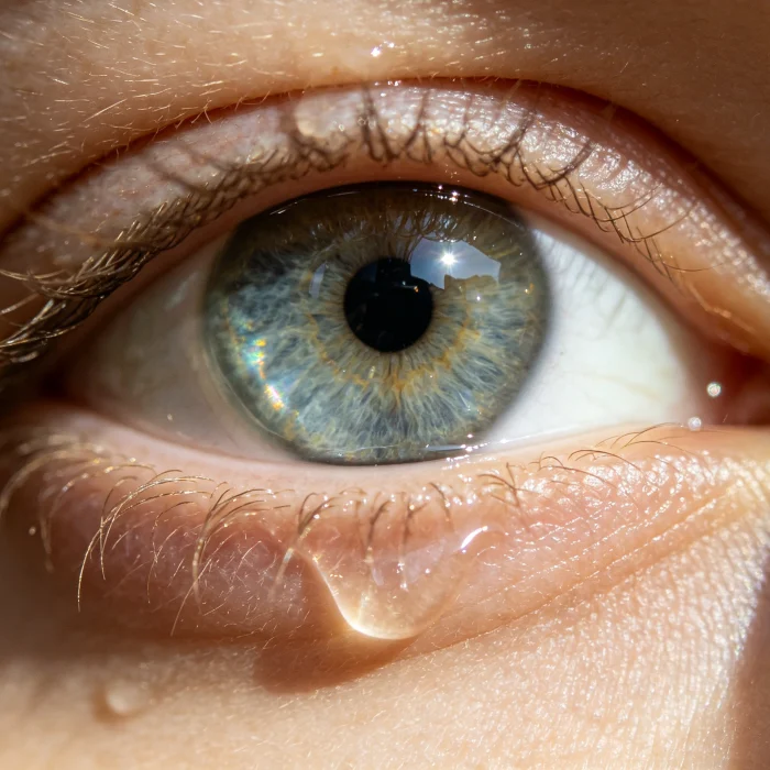 a close-up of an eye with a tear film layer