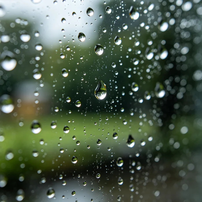 a blurred view through a window with rain droplets