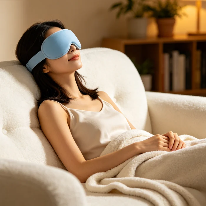 a woman wearing a heated eye mask relaxing