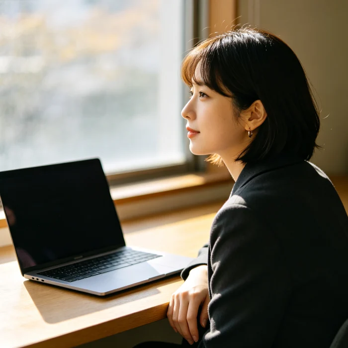 a person looking away from a laptop toward a window