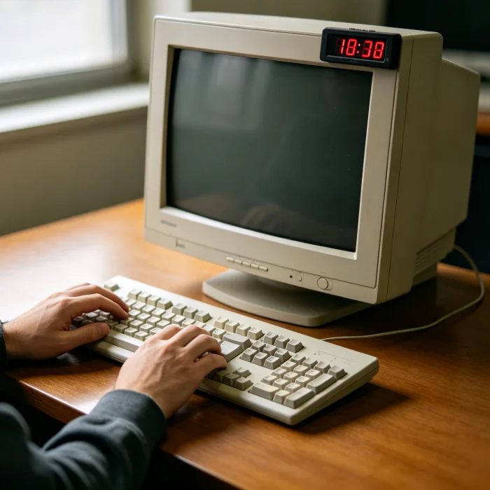 a person using a desktop computer with a timer visible on screen