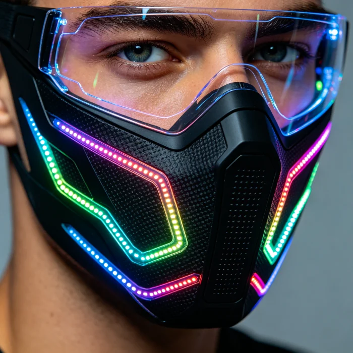 a person wearing an LED face mask close up