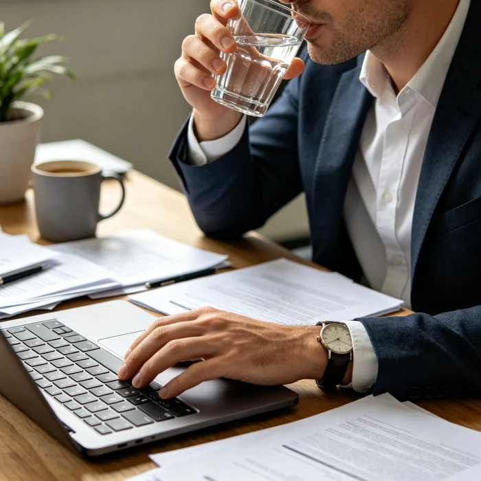 a person drinking water while working at a desk