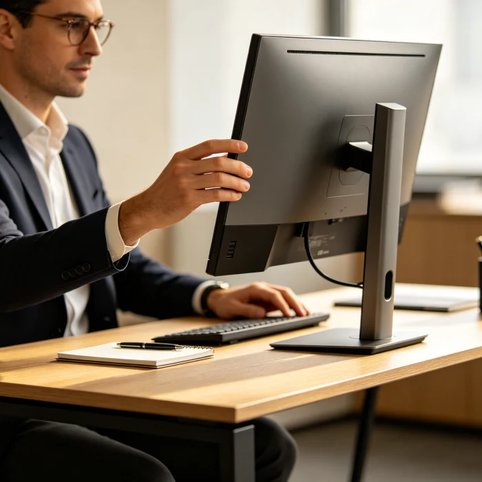 a person adjusting their monitor height at a desk