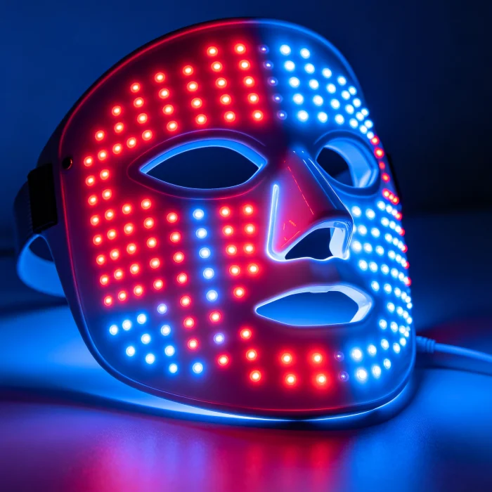 close-up of an LED light therapy mask showing red and blue lights