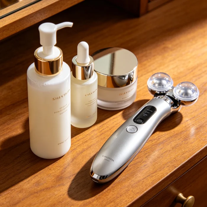 skincare products arranged next to an eye massager on a vanity table