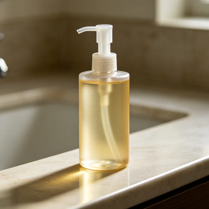 a pump bottle of translucent cleansing oil on a bathroom counter