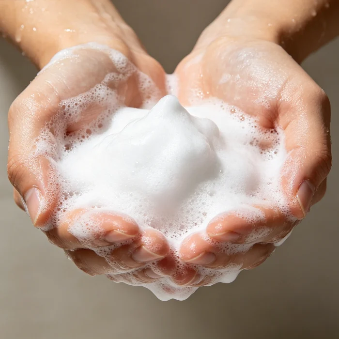 white foam from a facial cleanser in cupped hands