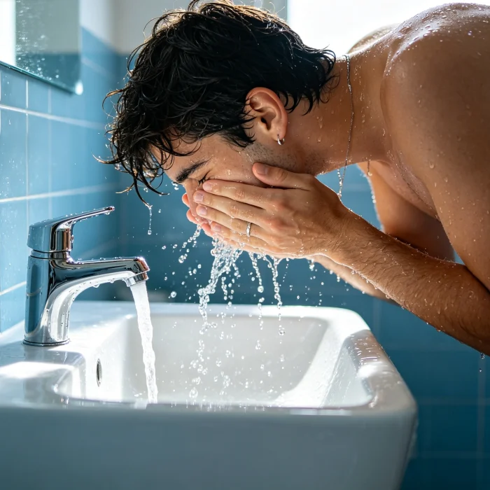 a person splashing cool water on their face over a sink