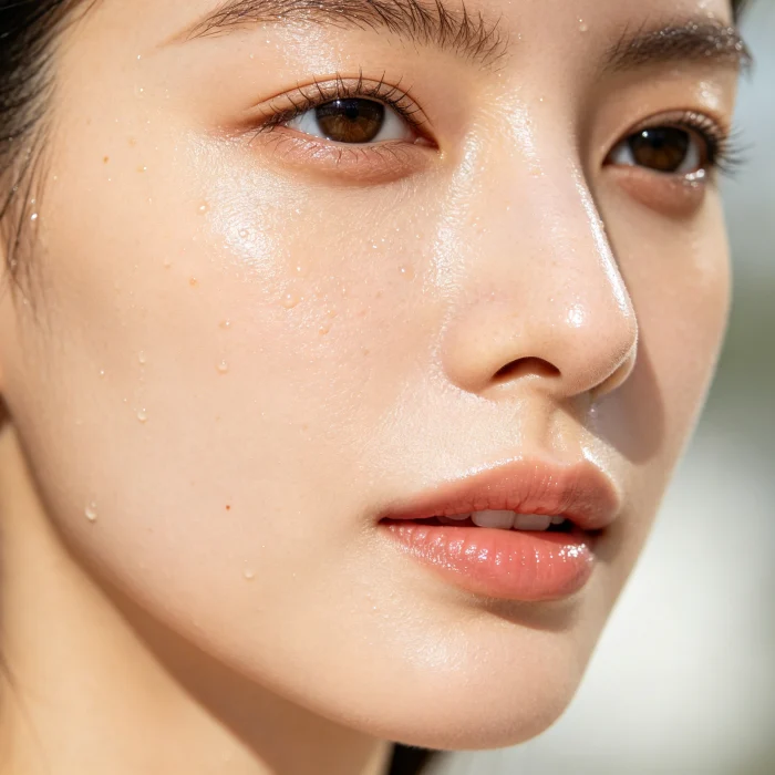a close-up of clean skin with visible pores and a dewy finish