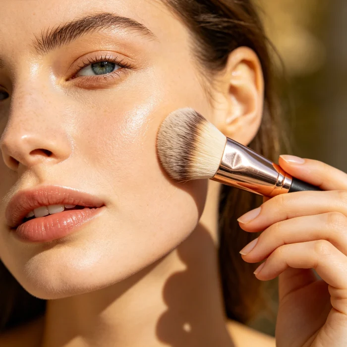 a person gently using a facial brush on their cheek