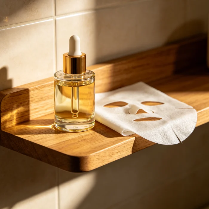 a wooden bathroom shelf with rosehip oil and a sheet mask