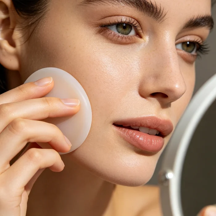 a person gently using a silicone facial brush on their cheek in front of a mirror