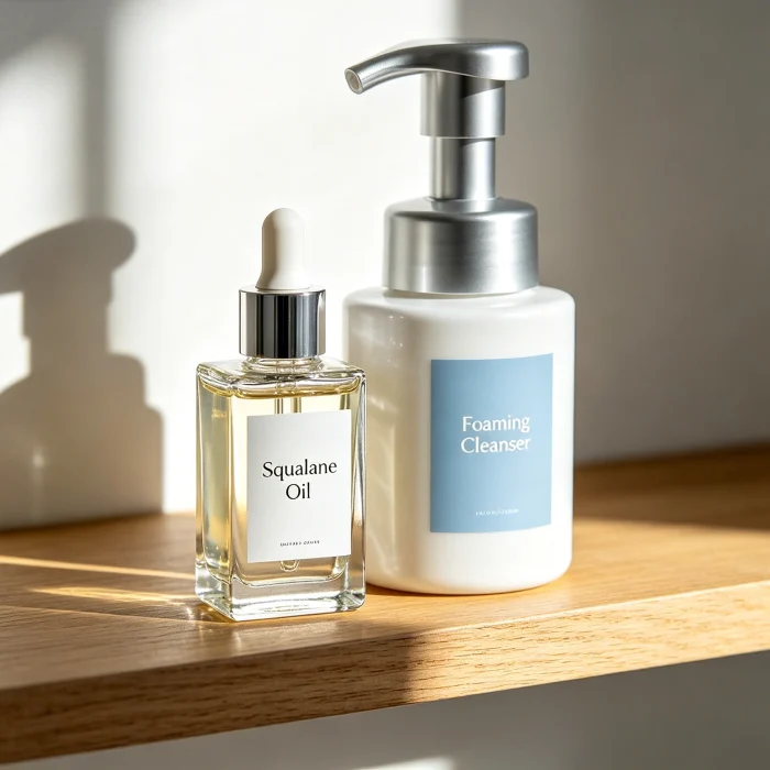 a clear bottle of squalane oil next to a white foaming cleanser on a shelf