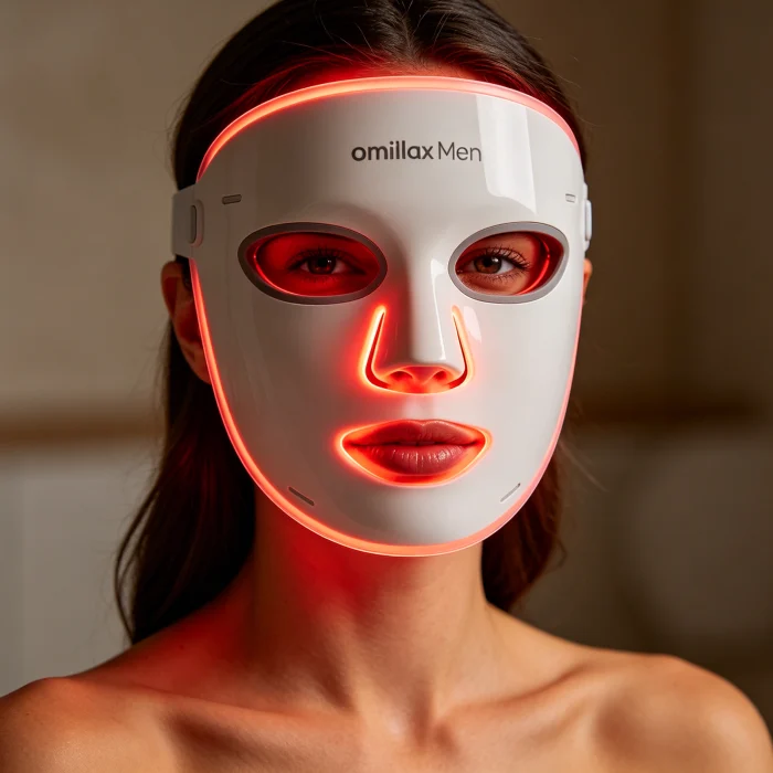 Omnilux Men LED face mask on a woman's face, glowing red lights