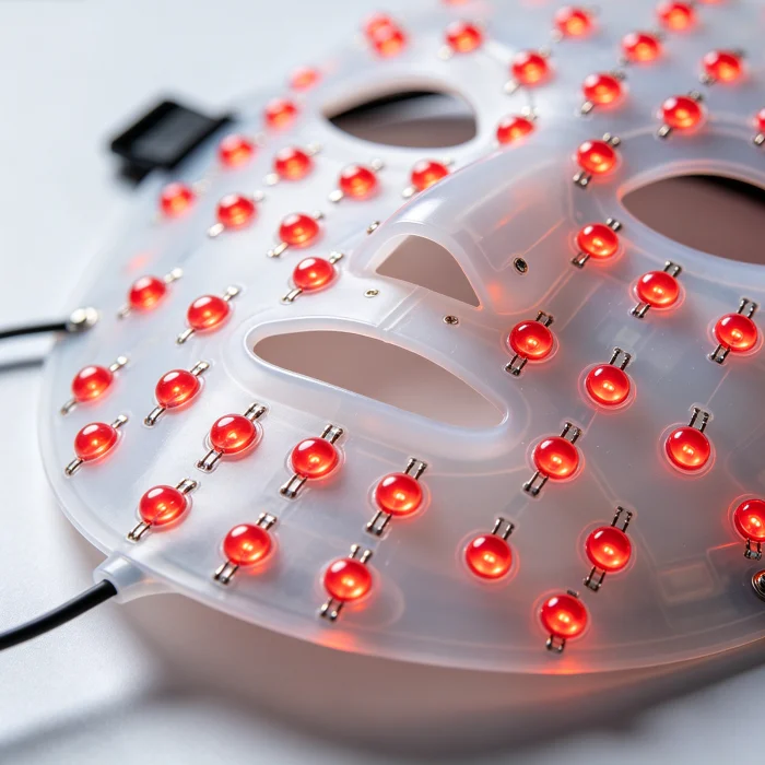 Close-up of red LED diodes on a flexible silicone mask