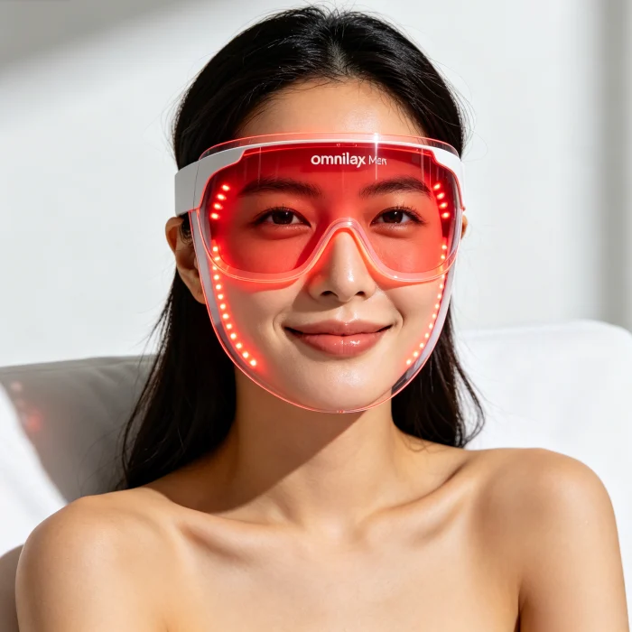 Woman smiling while wearing an Omnilux Men LED mask
