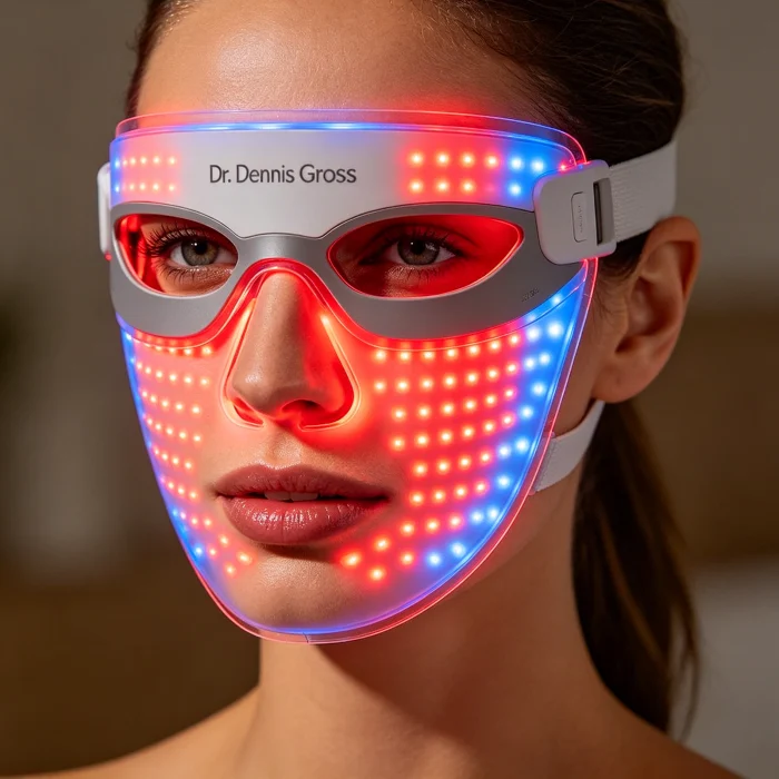 Dr. Dennis Gross LED face mask on a woman's face, glowing red and blue lights