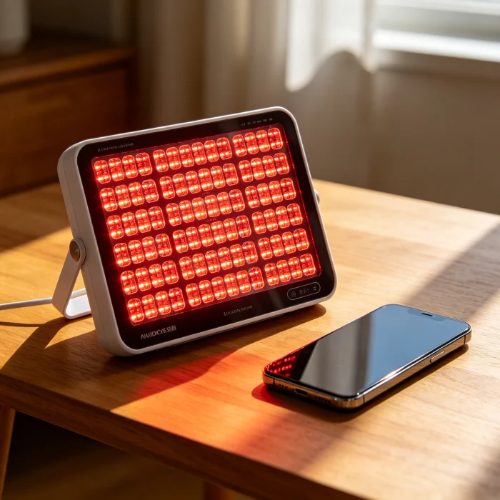 A budget red light therapy panel on a table next to a smartphone