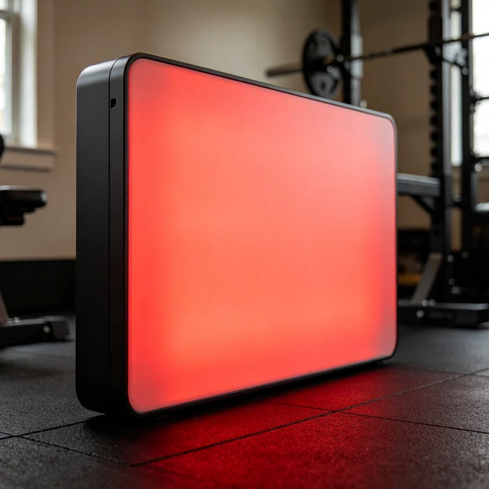 a large red light therapy panel in a home gym