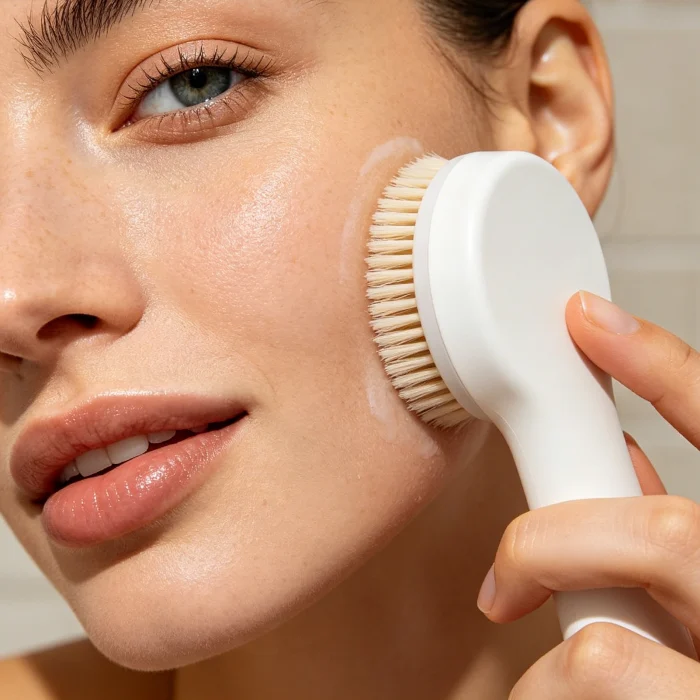 a person gently using a facial cleansing brush on their cheek