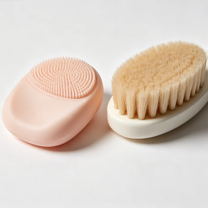 a silicone facial brush next to a bristle brush for comparison