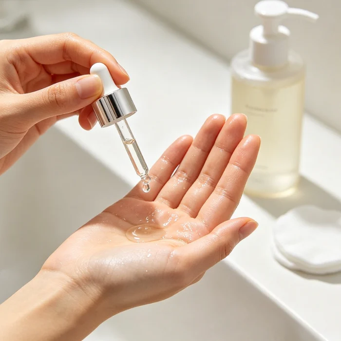 a skincare routine with serum being applied after cleansing