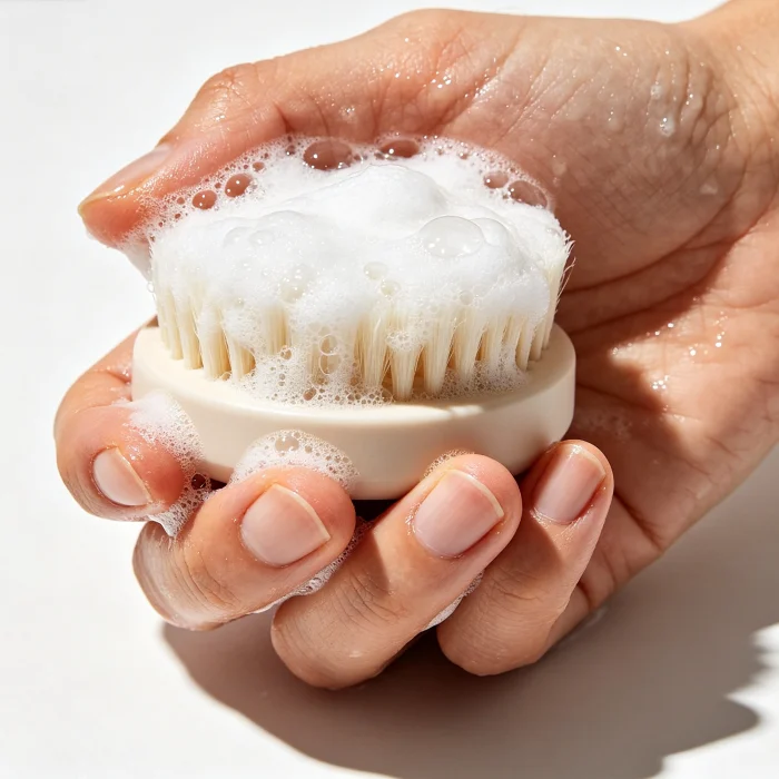 a hand holding a facial brush with cleanser foam on the bristles