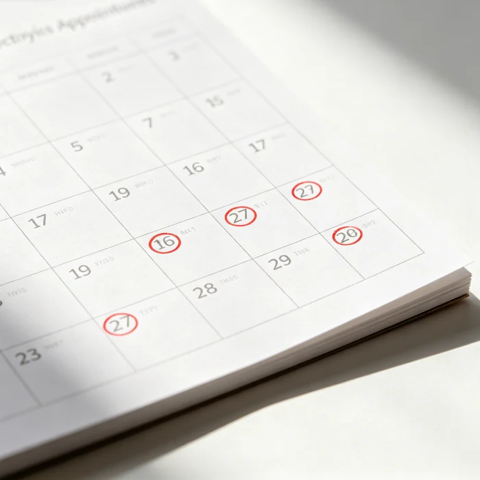 a calendar with marked dates for electrolysis appointments