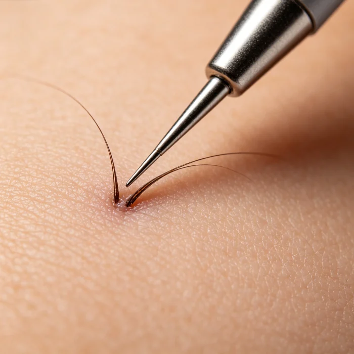 close-up of an electrolysis needle being inserted into a hair follicle