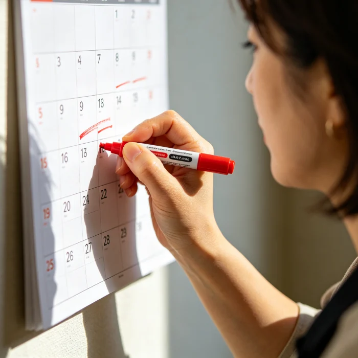 a woman's hand marking a date on a wall calendar