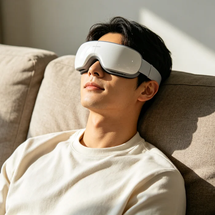 A person using an eye massager over closed eyes sitting on a couch