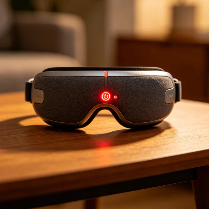 Close-up of an eye massager with red heating mode light on a table