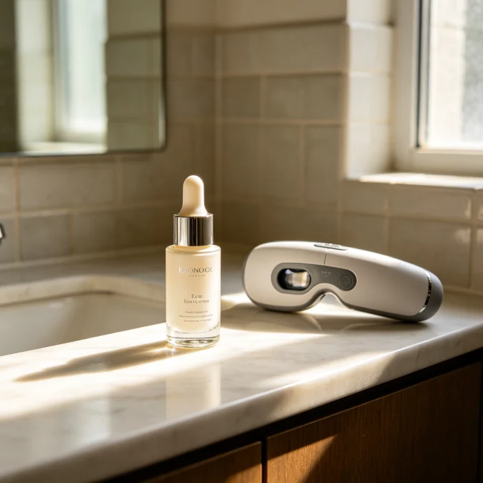 A small bottle of eye serum next to an eye massager on a bathroom counter