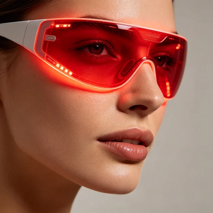 a red light therapy mask on a model's face
